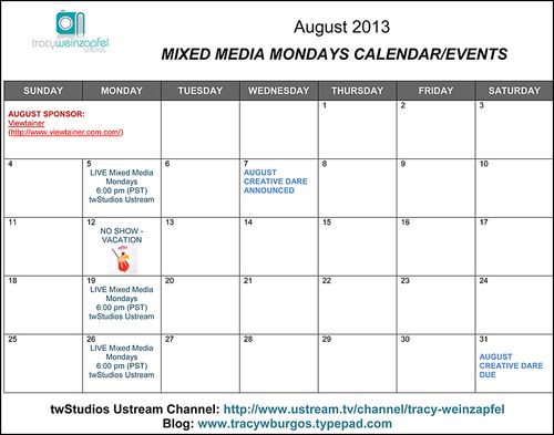 August 2013 Mixed Media Monday Calendar of Events