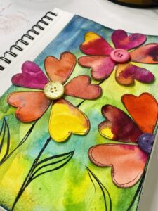 finished art journal heart flowers