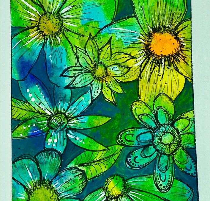 floral watercolor art with stamps