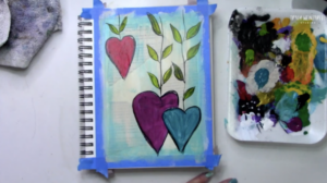 painting hearts and vines in my art journal