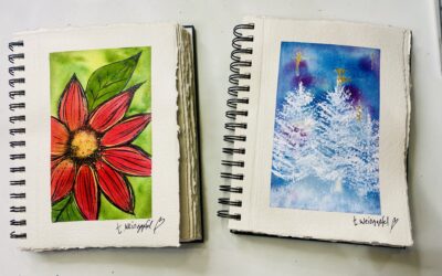 Holiday Trees & Poinsettia Flower Watercolor & Mixed Media Art Tutorial