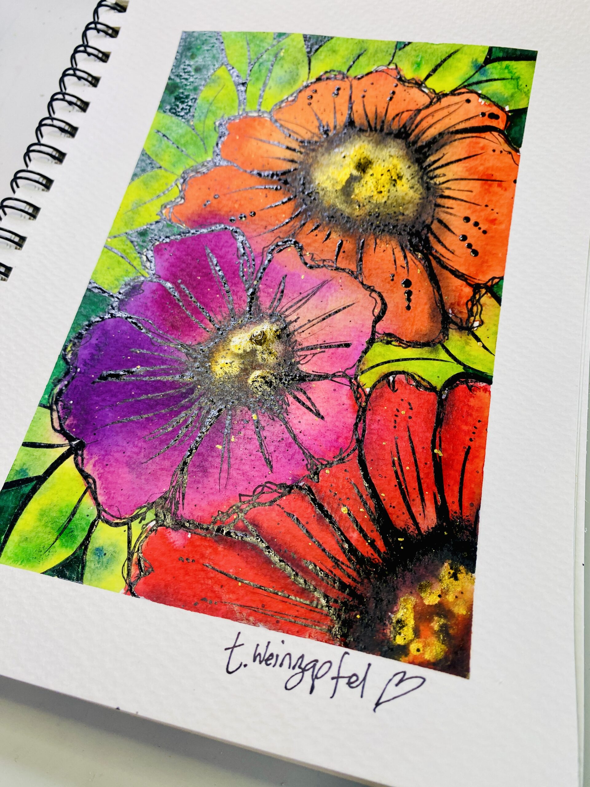finished art journal flowers