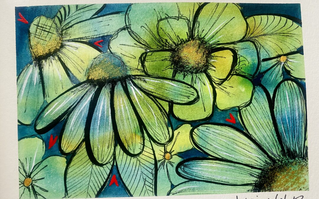 green and blue watercolor flowers
