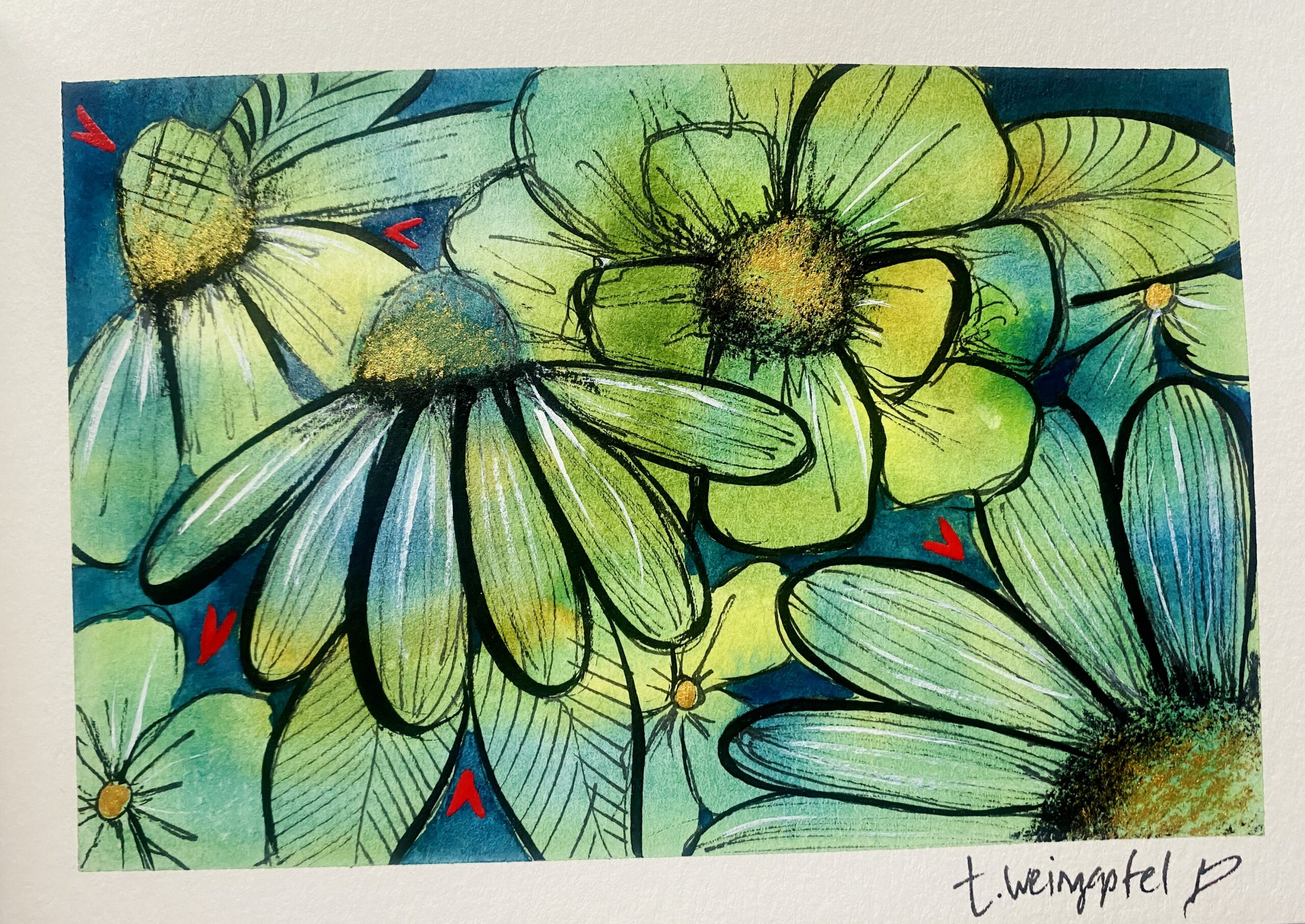 green and blue watercolor flowers