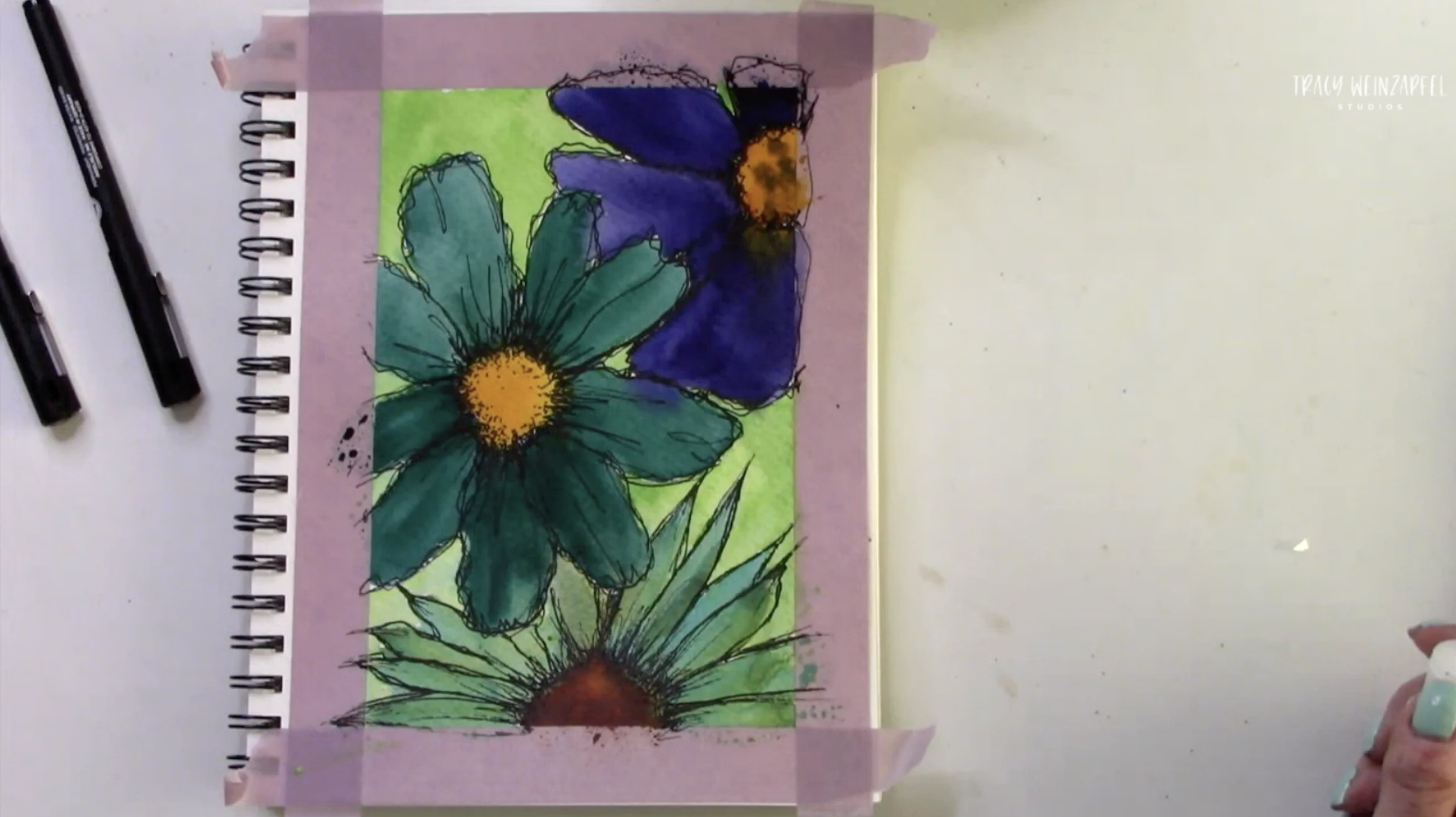 adding detail lines to watercolor flowers