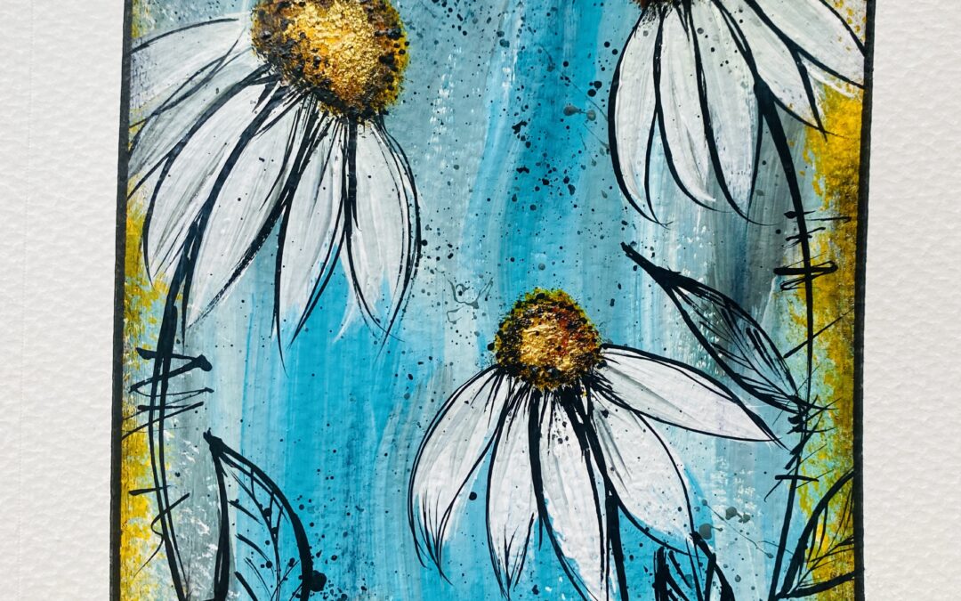 acrylic painting art journal page of daisies
