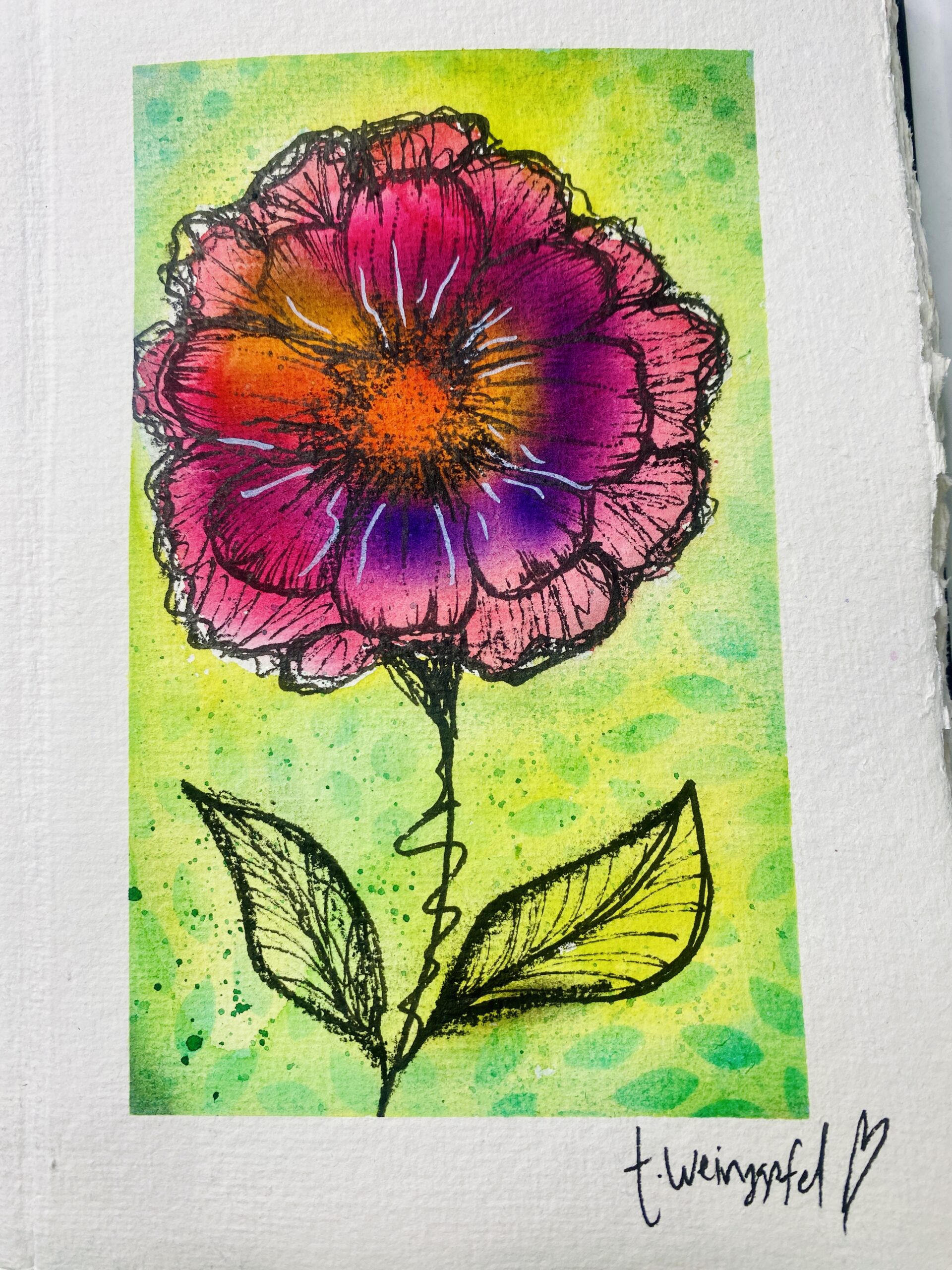 finished watercolor flower with stamps