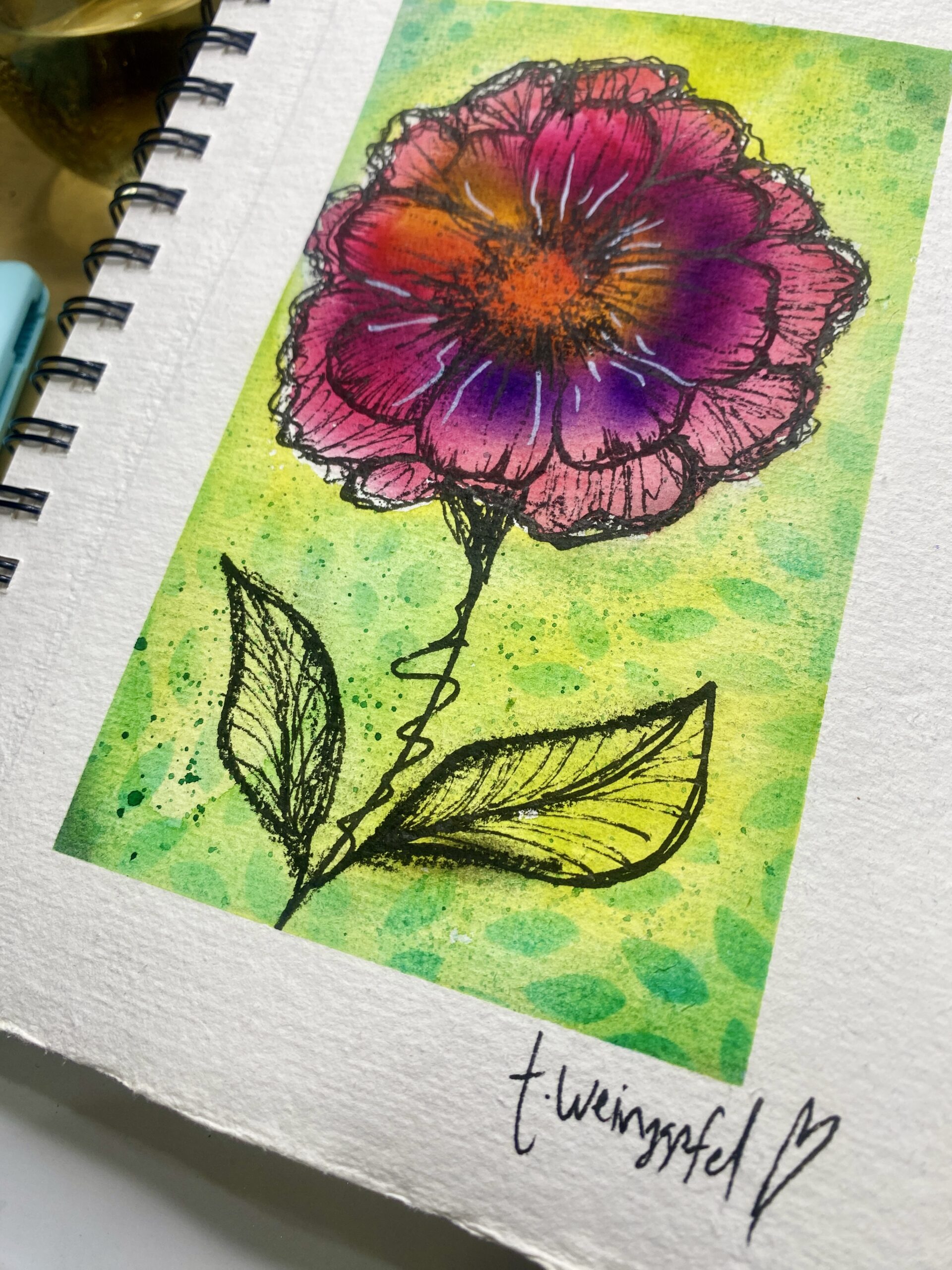 finished watercolor flower with stamps and stencils
