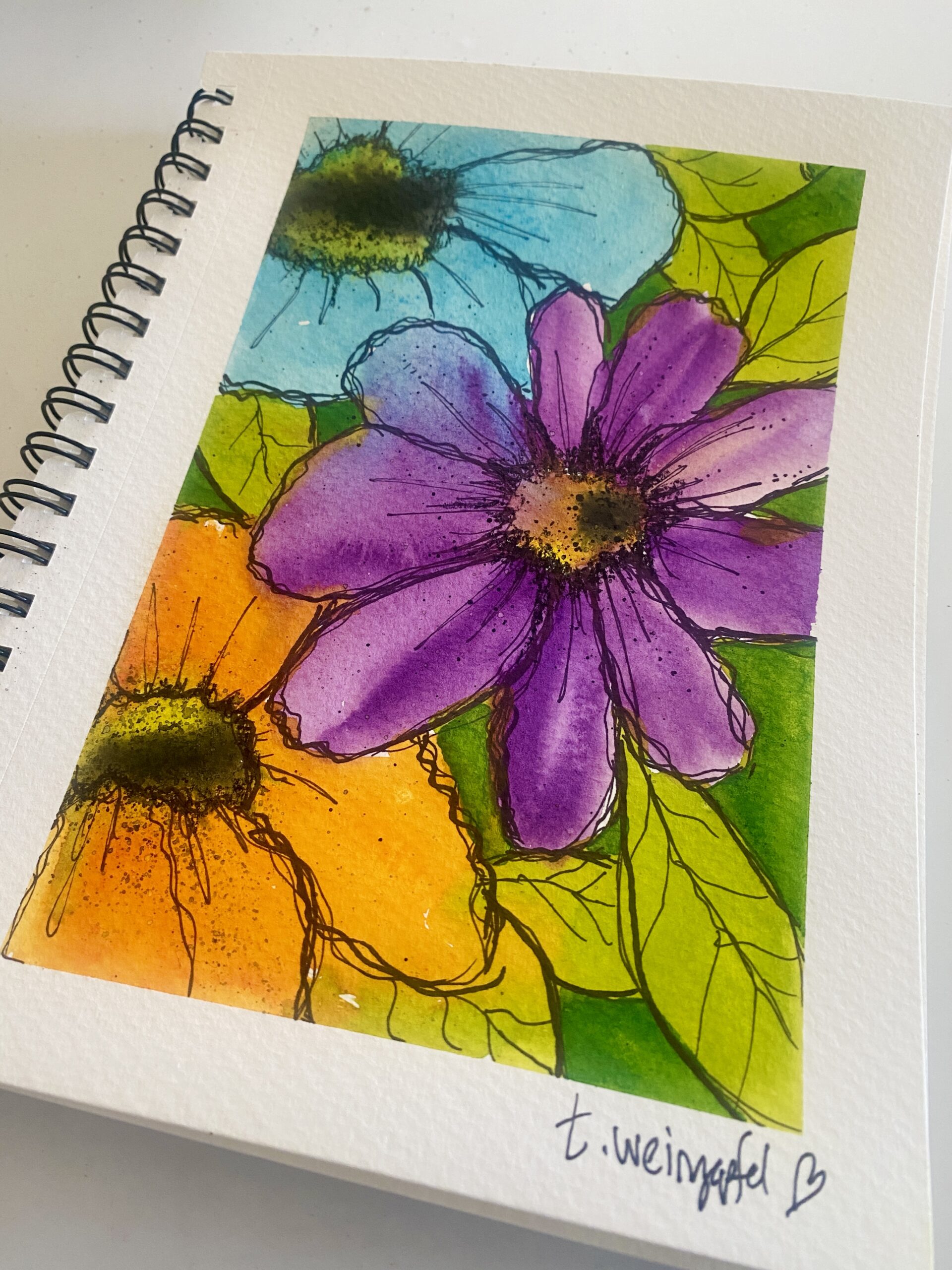 finished art journal art piece flowers