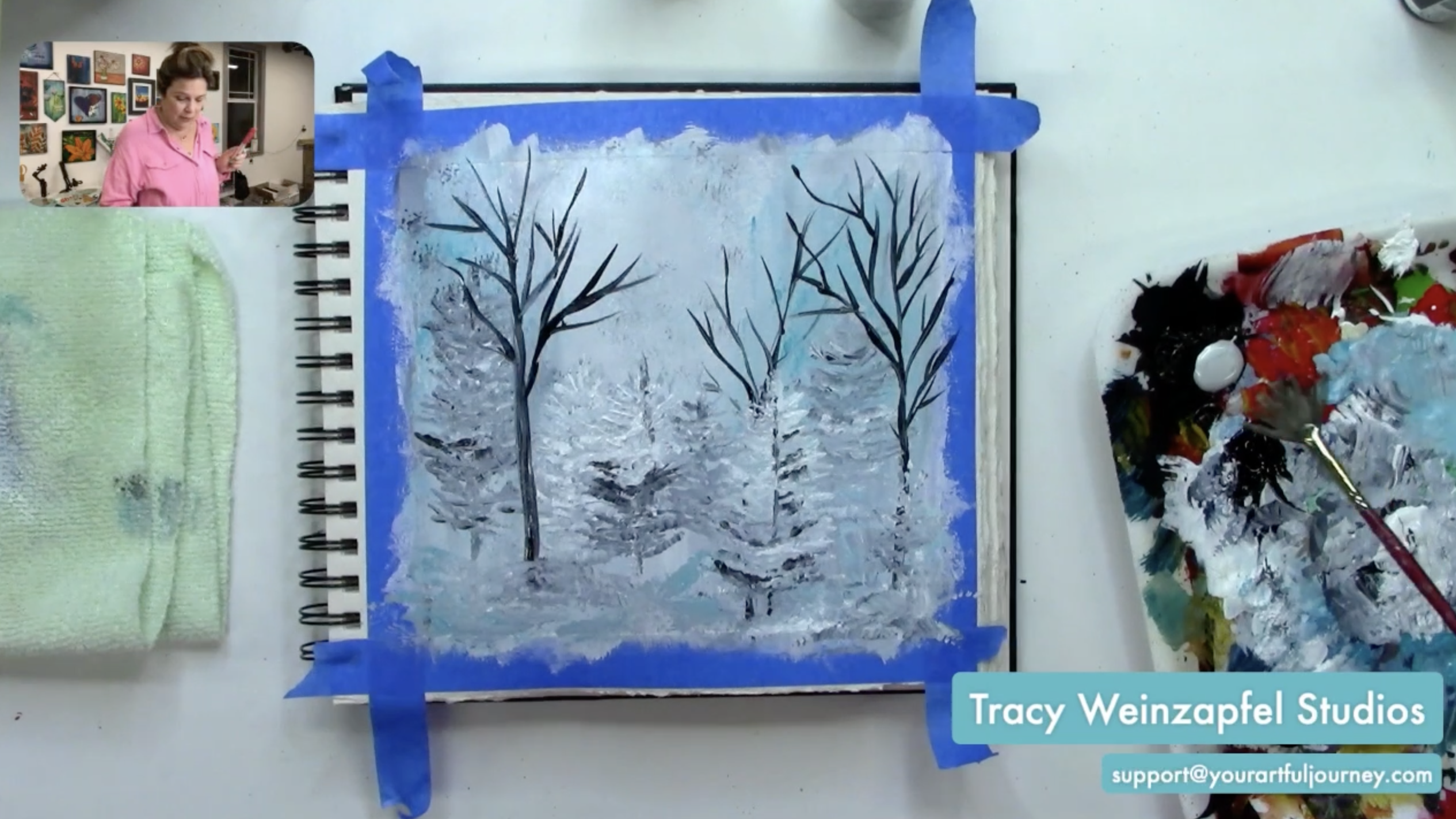 winter trees art journal page mixed media