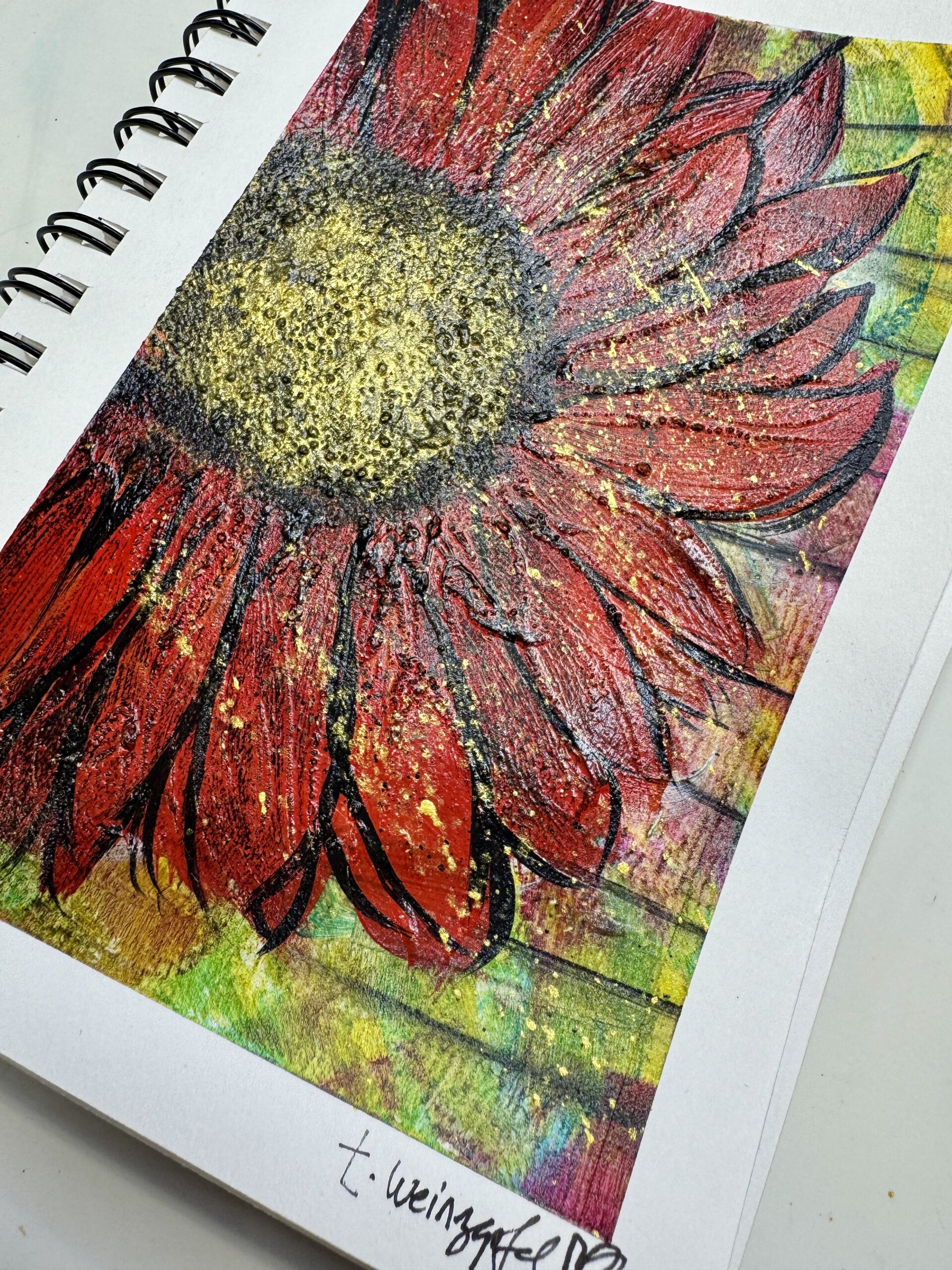 finished red bloom mixed media art