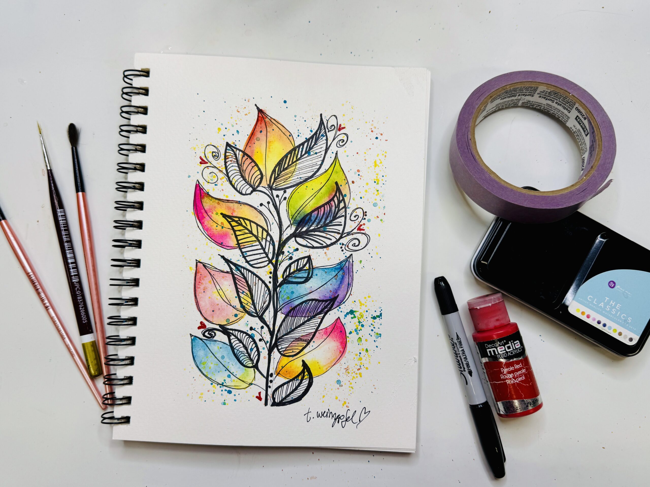 Finished art journal page whimsical leaves