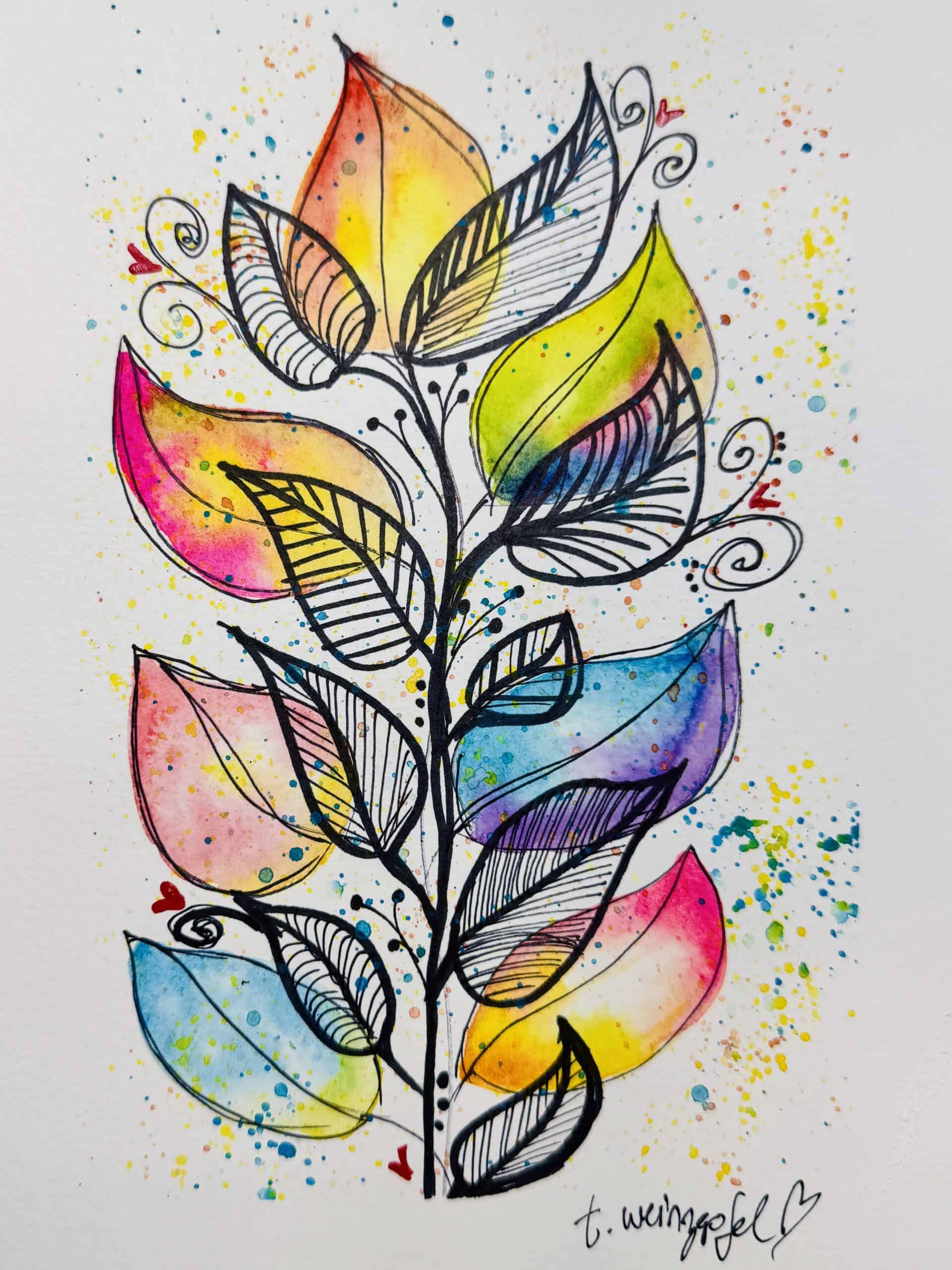 rainbow leaves art journal page
