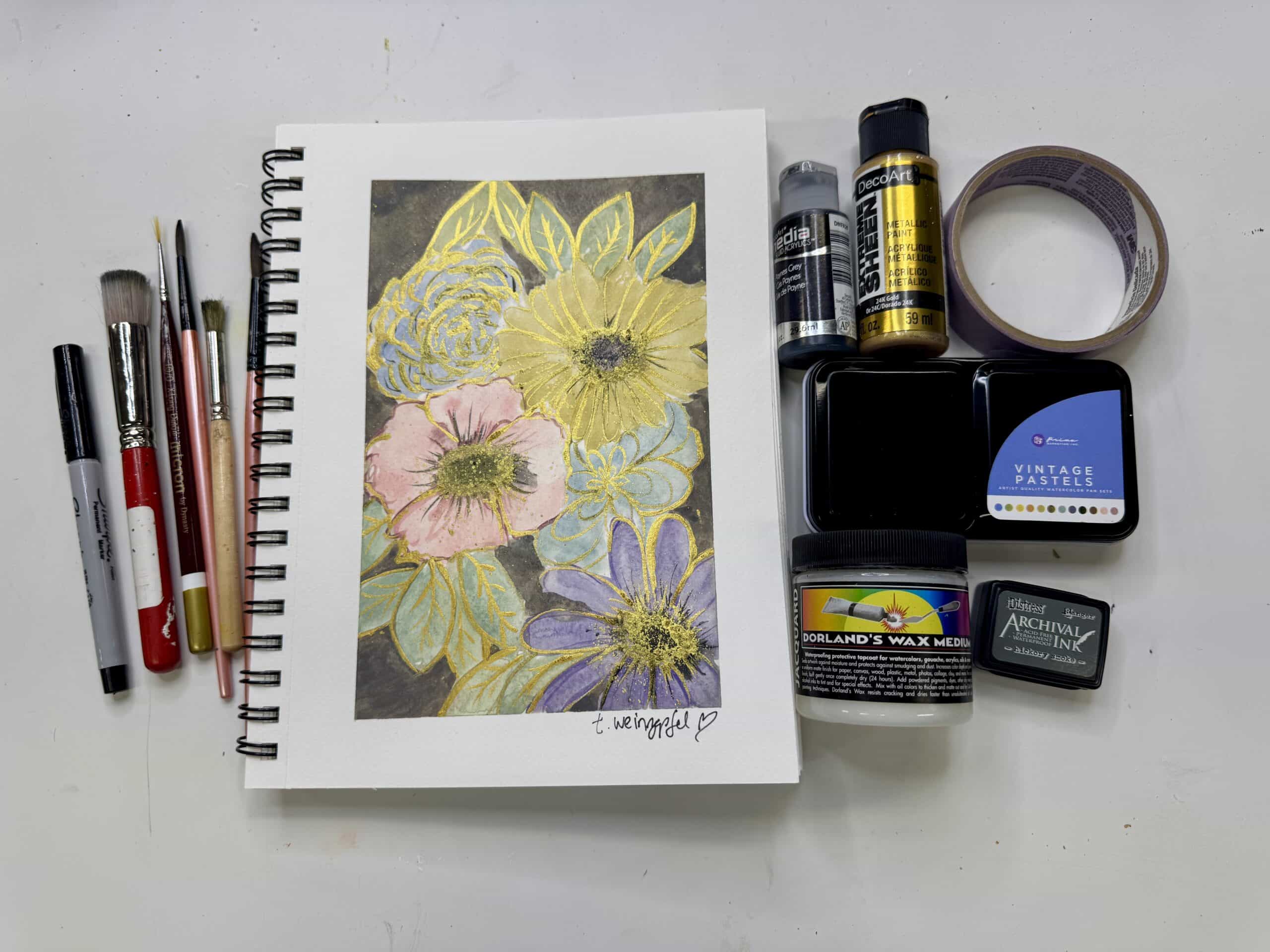 finished art journal page with supplies