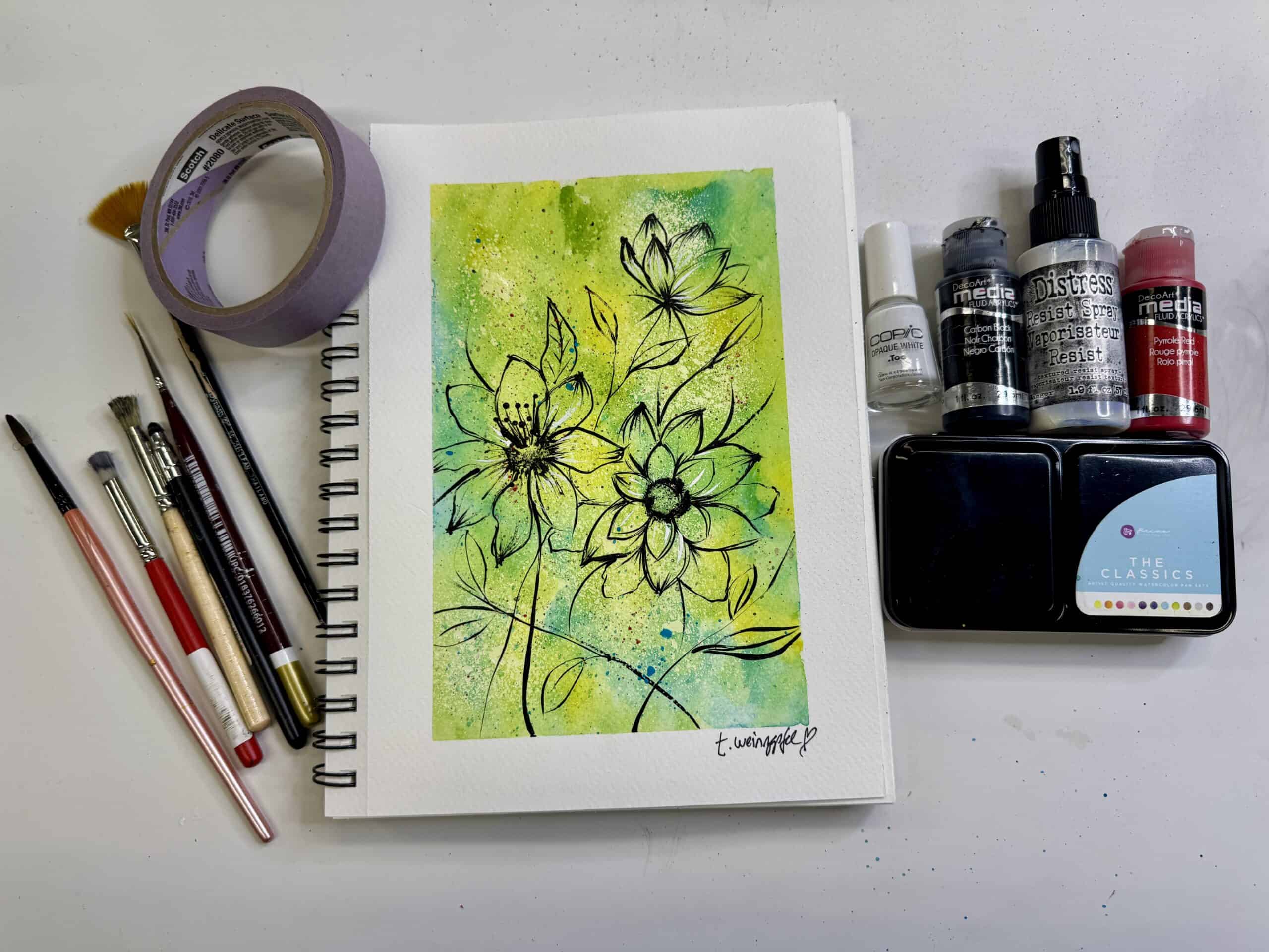 finished mixed media flower with supplies