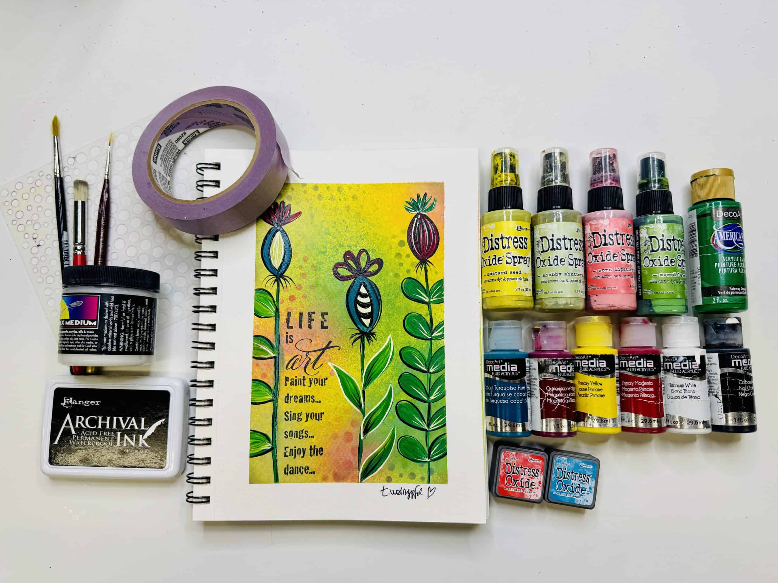 finished art journal page with supplies