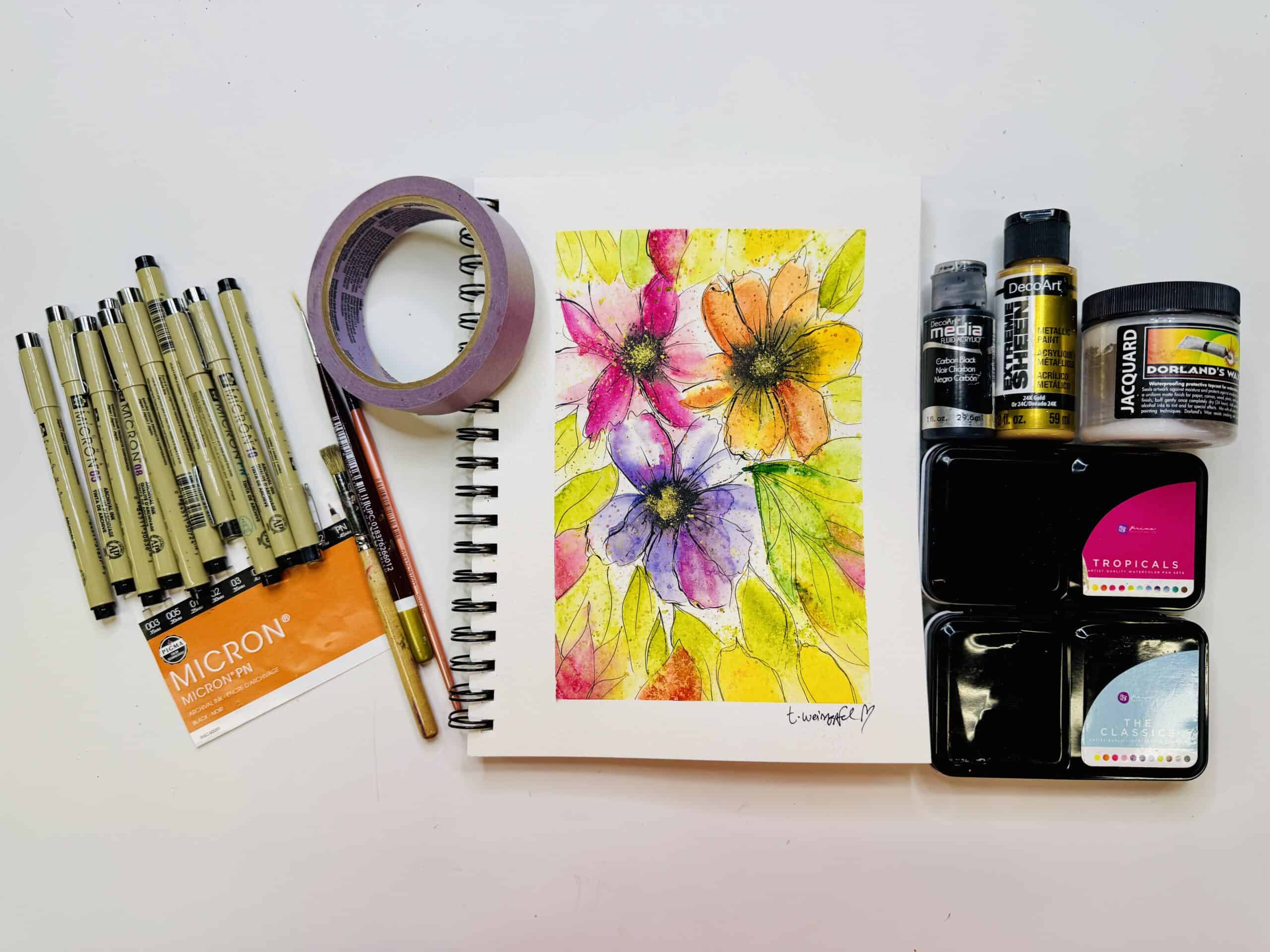 finished watercolor flowers with supplies