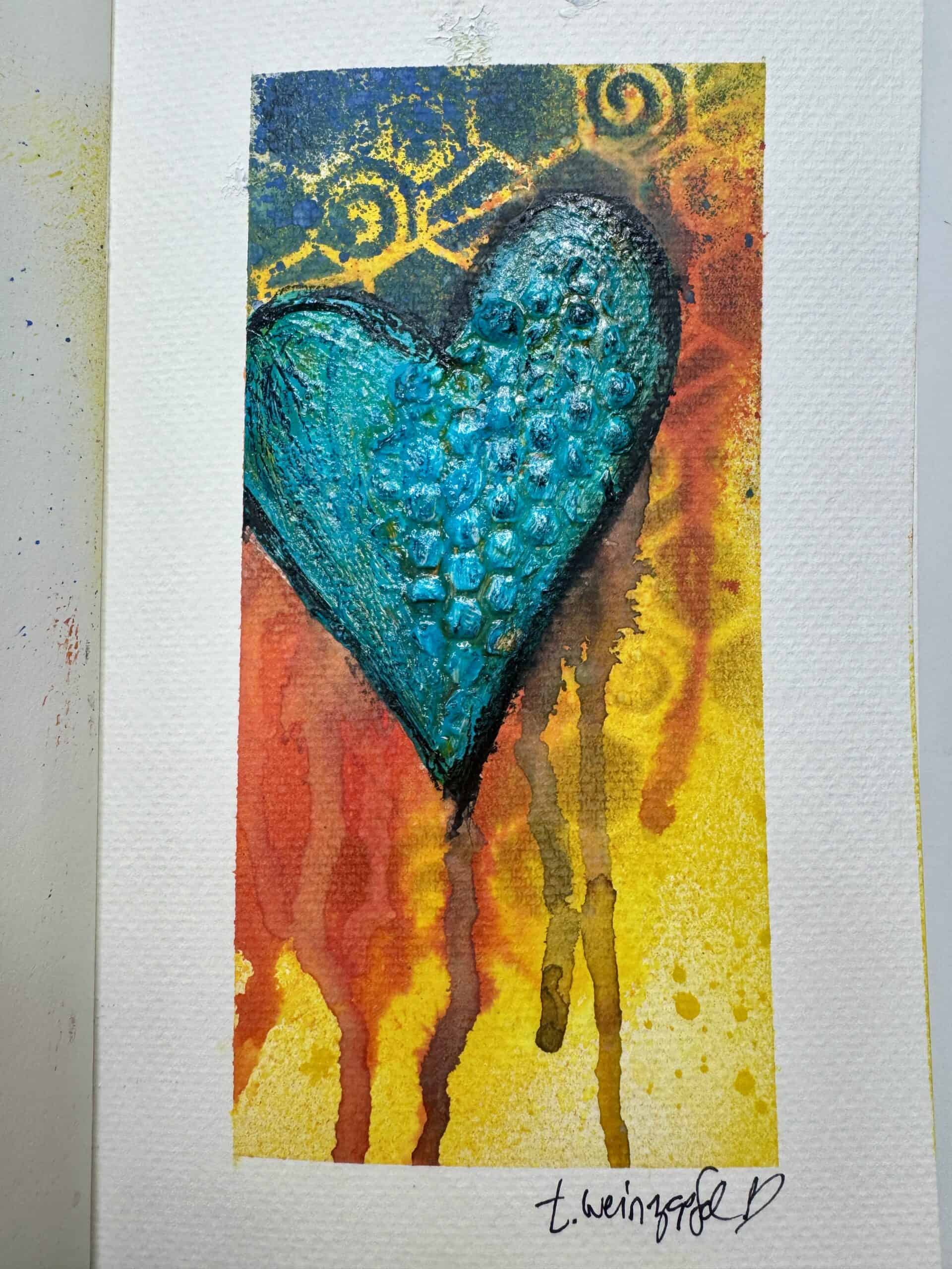 finished textured heart mixed media art