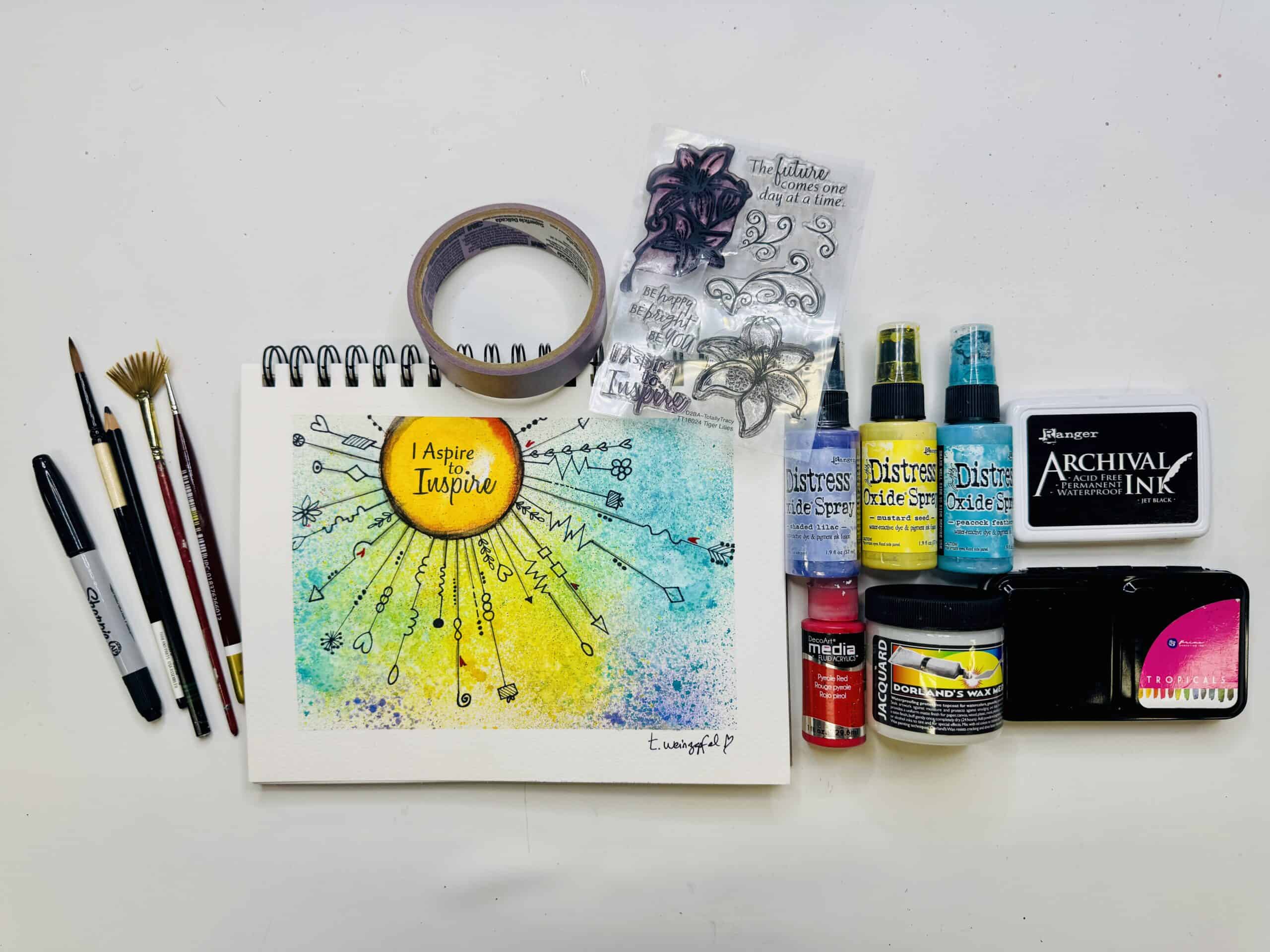 finished mixed media sunburst art journal page