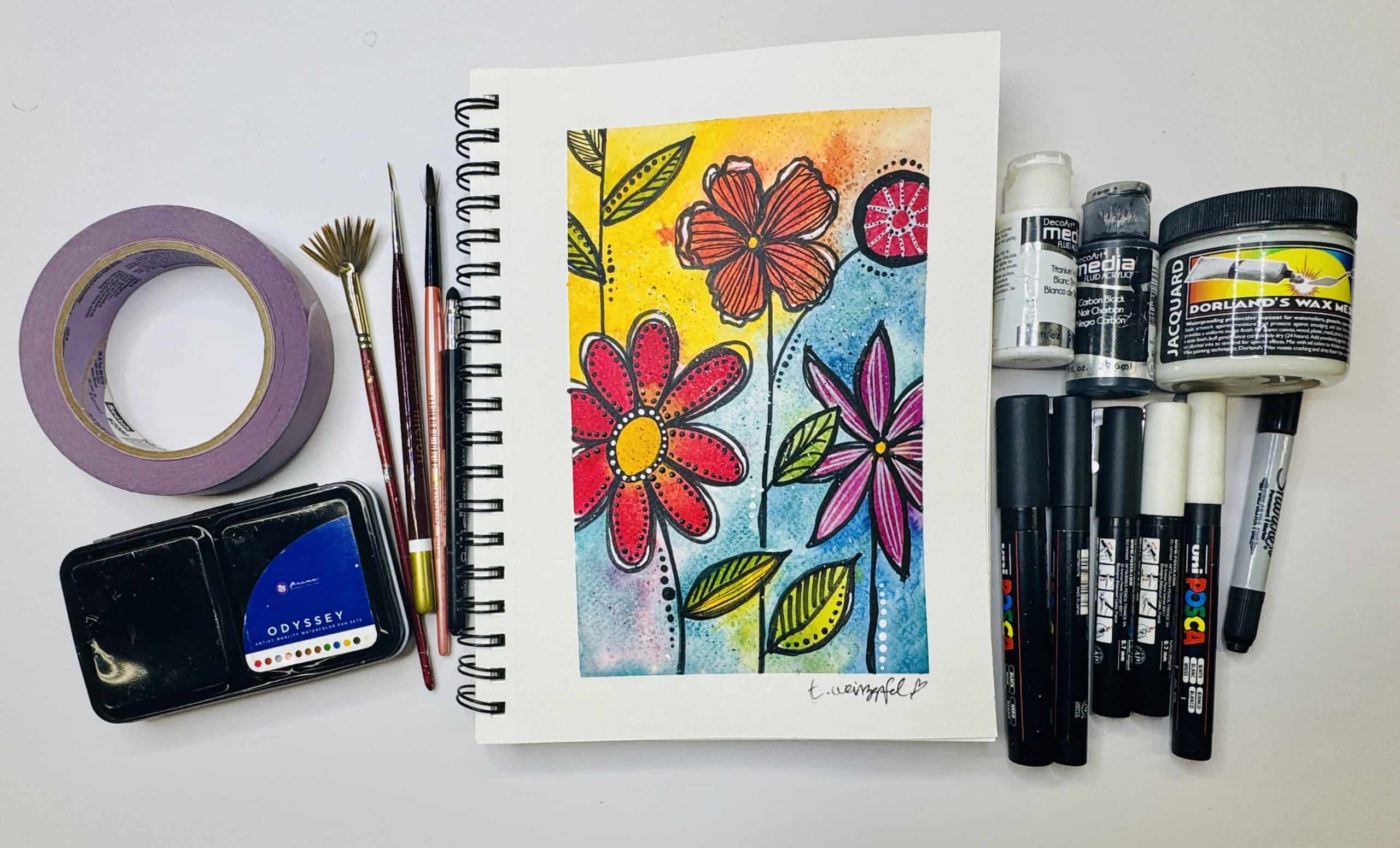 finished flower page with art supplies