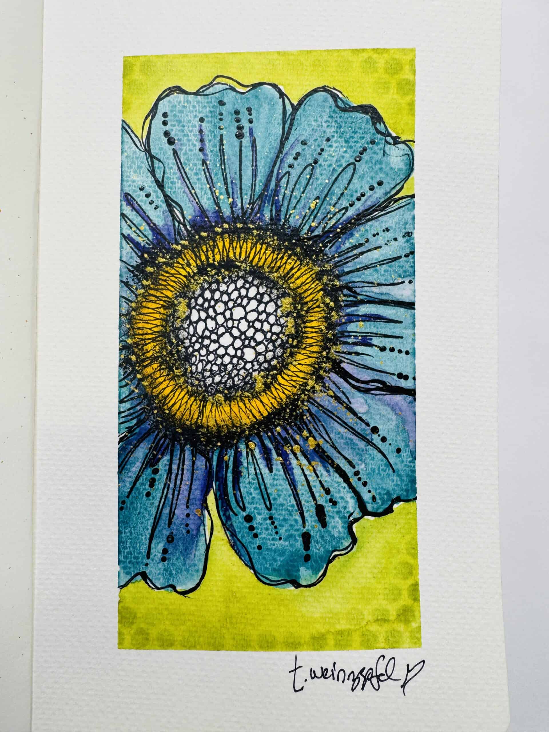 watercolor teal flower art journal page