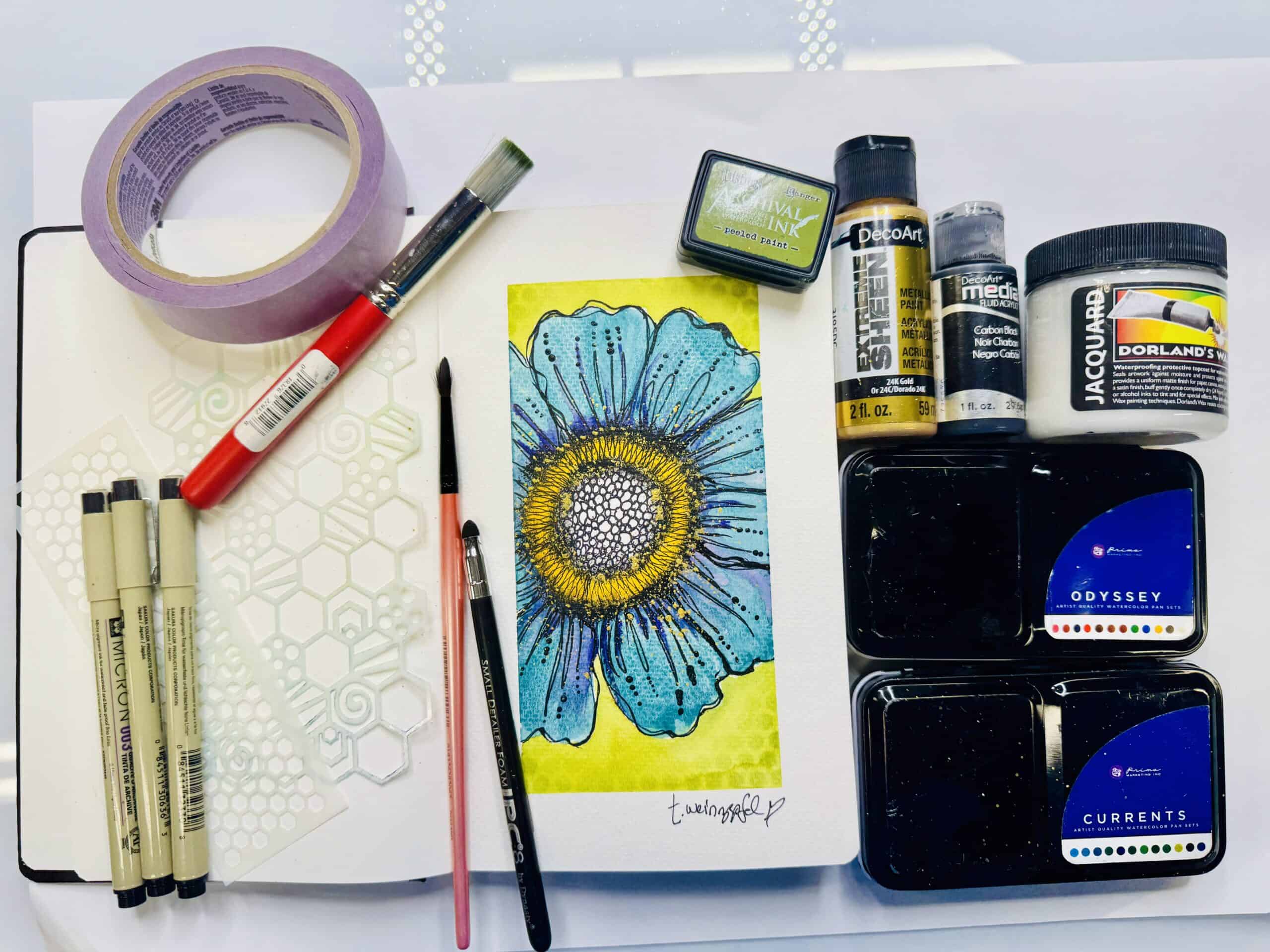 finished teal flower art journal page with supplies