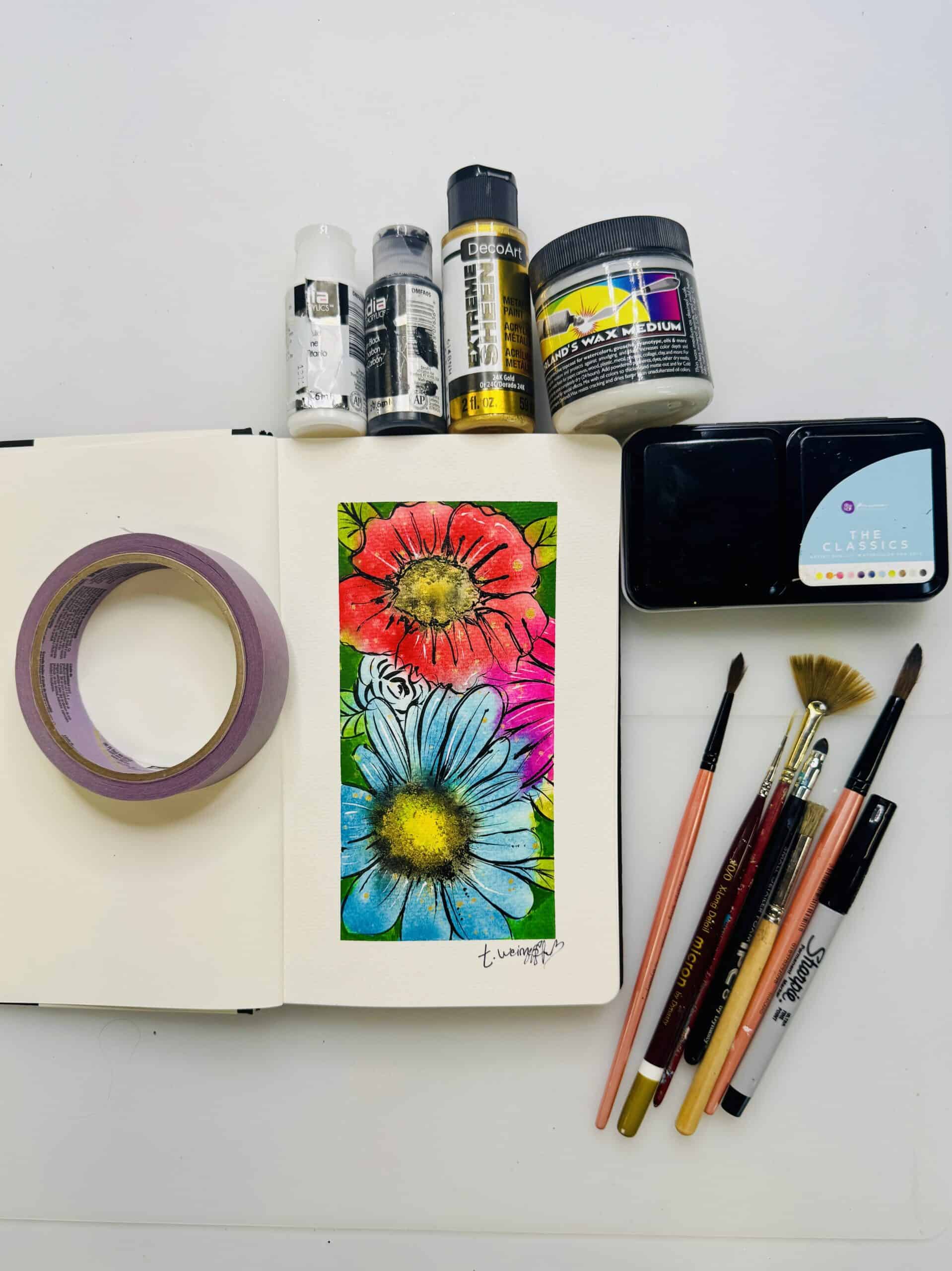 watercolor flowers with supplies