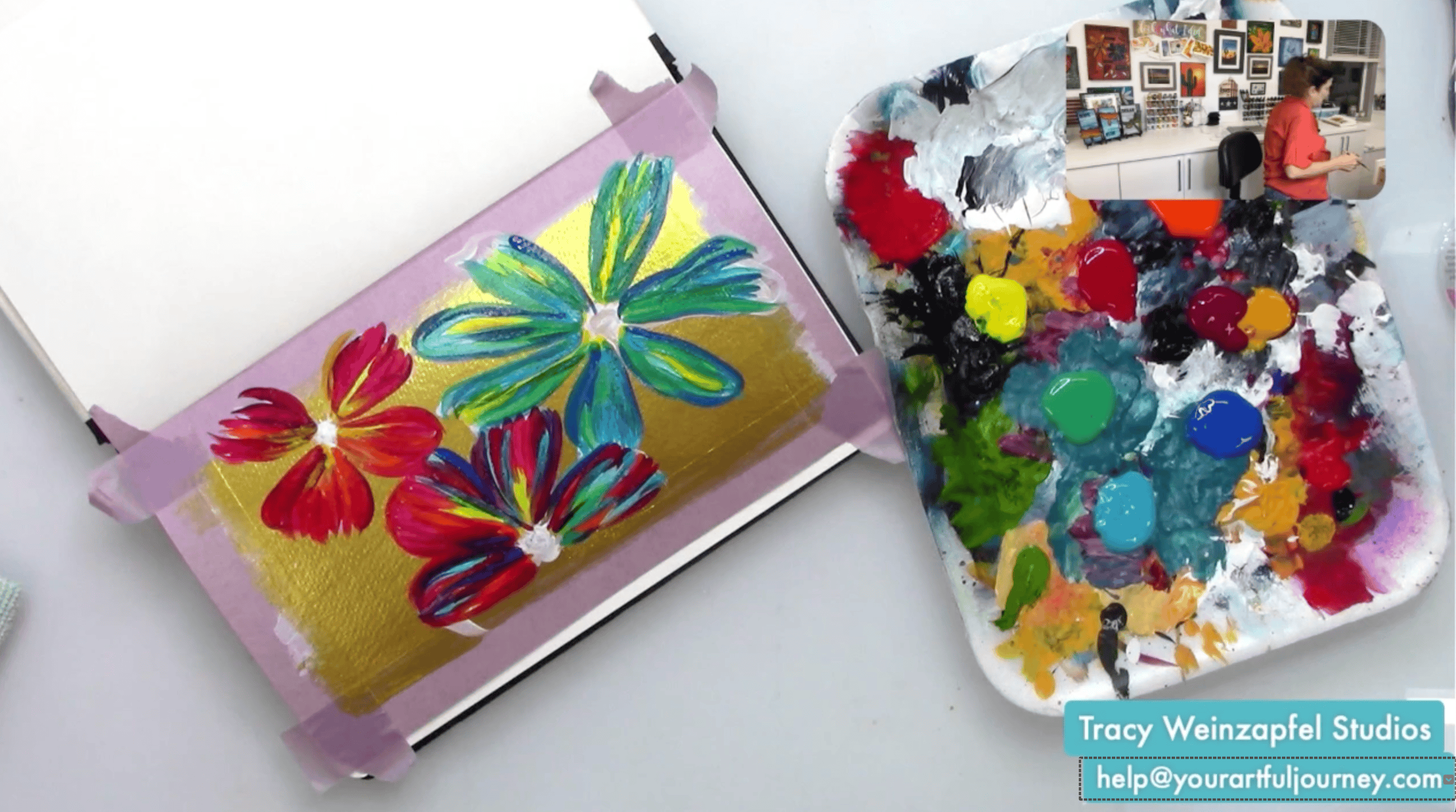 painting rainbow flowers on gold background