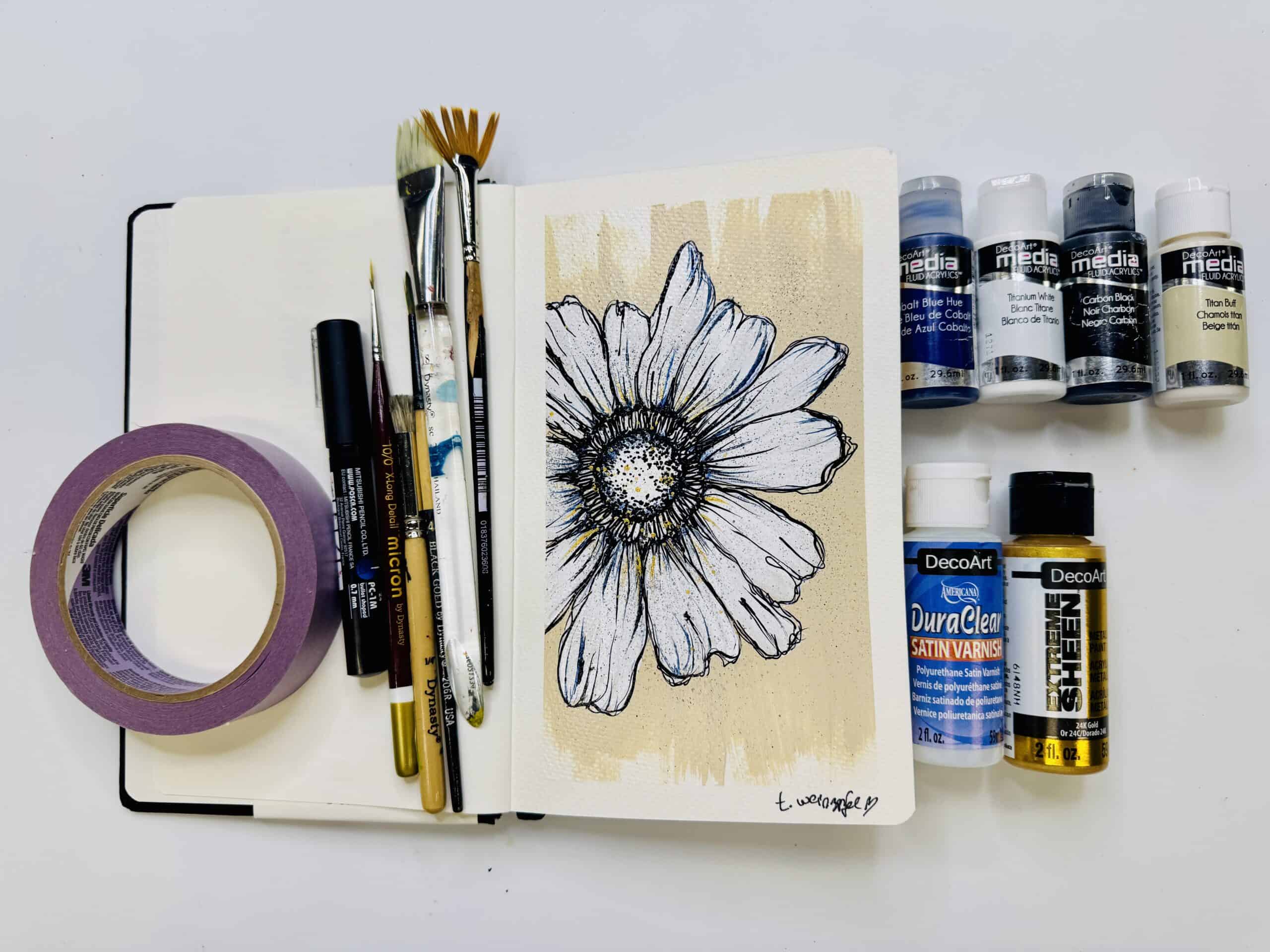 Finished flower painting with supplies