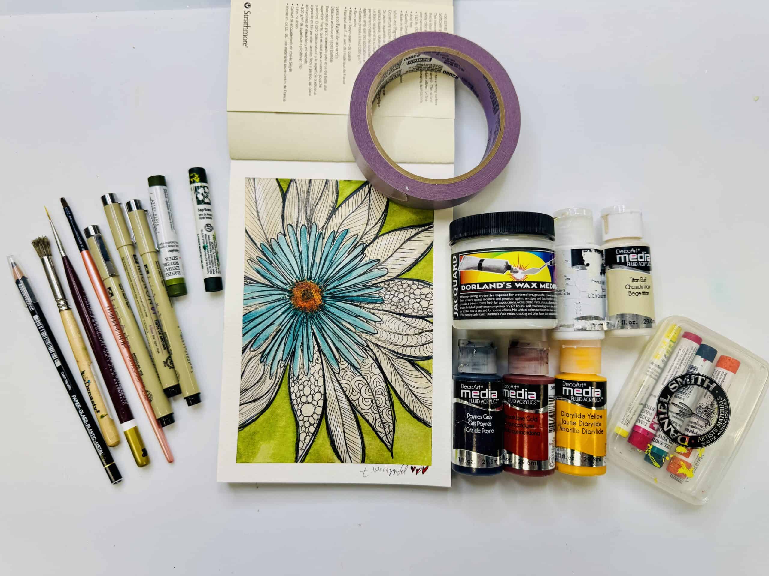 Finished art journal page with supplies